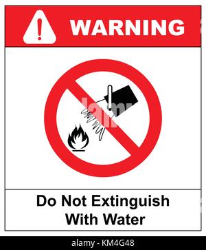 Do not extinguish with water, prohibition sign, vector illustration isolated on white. Warning red banner. Simple flat symbol. Stock Vector