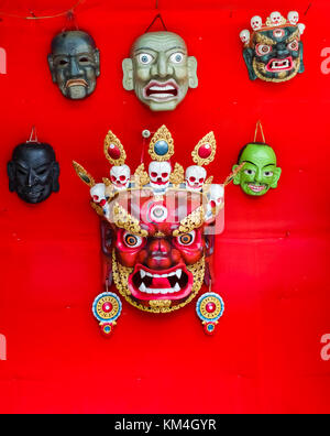 Thimphu, Bhutan - September 11, 2016: Masks for sale at the National Institute for Zorig Chusum in Thimphu, Bhutan, Asia Stock Photo