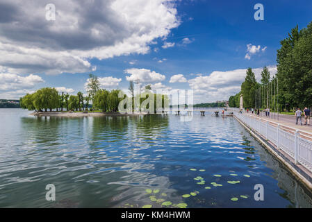 Small isle called Island of Love on Ternopil Pond in Taras Shevchenko Park in Ternopil city, administrative center of Ternopil Oblast, Ukraine Stock Photo