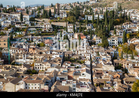 High angle view of Spanish houses and streets in Granada, Spain Stock Photo