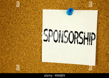 Conceptual hand writing text caption inspiration showing Sponsorship. Business concept for  Word Cloud Concept written on sticky note, reminder cork b Stock Photo