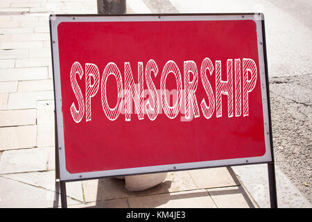 Hand writing text caption inspiration showing Sponsorship concept meaning Word Cloud Concept written on old announcement road sign with background and Stock Photo