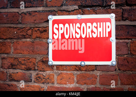 Hand writing text caption inspiration showing Sponsorship concept meaning Word Cloud Concept written on old announcement road sign with background and Stock Photo