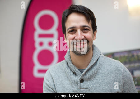 American actor and composer Lin-Manuel Miranda, creator of the hit musical Hamilton, visits the headquarters of the show's charity partner 10:10 in London ahead of its opening at the Victoria Palace Theatre on December 6. PRESS ASSOCIATION. Picture date: Monday December 4, 2017. Photo credit should read: Isabel Infantes/PA Wire Stock Photo