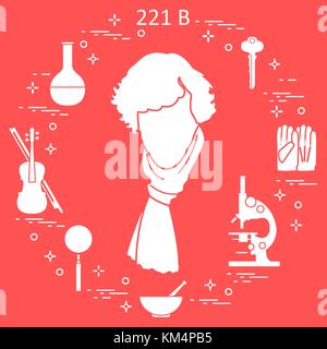 Private detective Sherlock Holmes with variety tools and equipment. The hero of the popular TV series. Design for announcement, print. Stock Vector