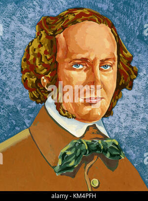 Felix Mendelssohn (1809-1847). German composer and pianist, organist and conductor. Romantic Period. Portrait. Watercolor. Stock Photo