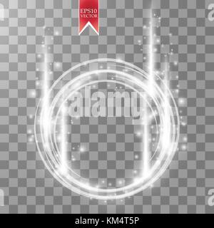 Vector falling light ring. Round shiny frame with lights dust trail particles isolated on transparent background. Stock Vector