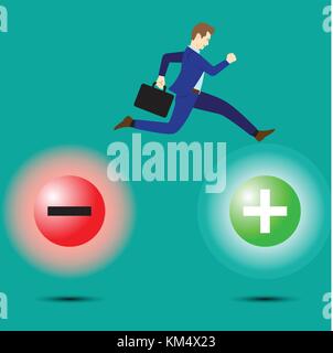 Business Concept As A Businessman Is Highly Jumping Up From Negativity To Positivity. It Means Leaving From Pessimistic Attitude To Optimistic One. Stock Vector