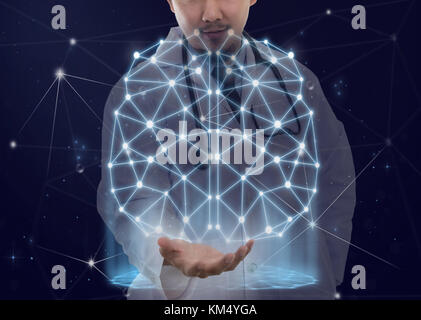 Double exposure of Asian Doctor with the stethoscope equipment holding the polygonal brain shape of an artificial intelligence with lines and dots and Stock Photo