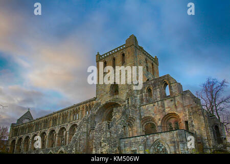 A HDR photo from below of the Jedburgh Abbey in the borderlands of Scotland Stock Photo
