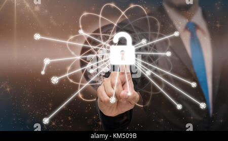 Businessman pointing or touching the key icon symbol on world map with Part of earth network line background, business connection concept,Elements of  Stock Photo