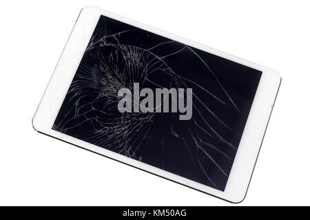 Tablet computer with broken glass screen on white background, include clipping path Stock Photo