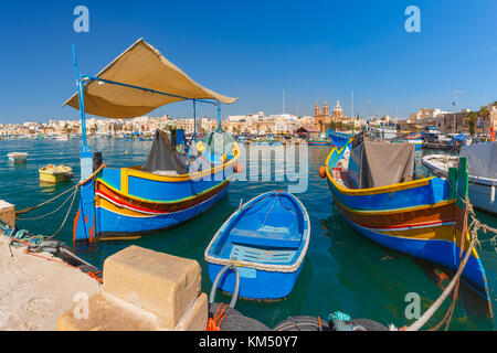 Taditional eyed boats Luzzu in Marsaxlokk, Malta Stock Photo