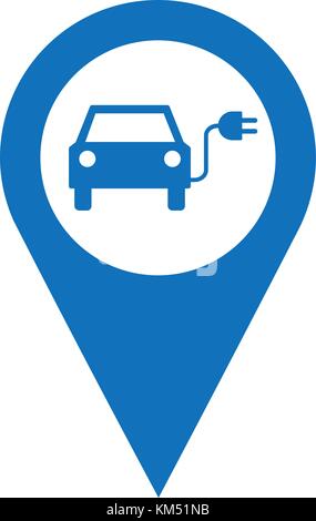 Electric vehicle charging station pinpoint, map point icon with car and electric plug symbol, vector illustration. Stock Vector