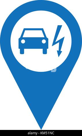 Electric vehicle charging station pinpoint, map point icon with car and electricity symbol, vector illustration. Stock Vector