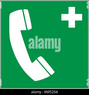 Emergency telephone for first aid, white phone icon and white cross icon on a green square background, vector illustration. Stock Vector