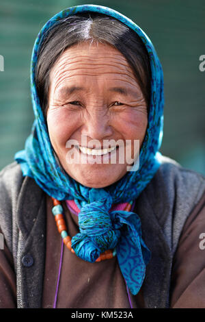 Portrait of a woman from Changpa nomads, Tso Moriri, Ladakh, Jammu and Kashmir, India. Stock Photo