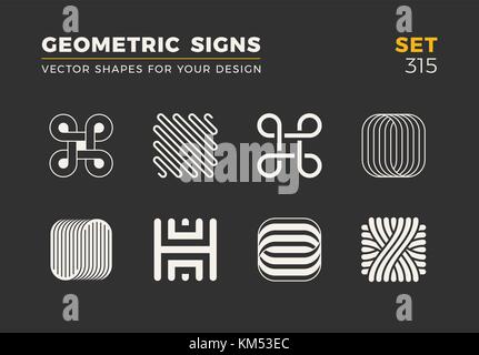 Set of eight minimalistic trendy shapes. Stylish vector logo emblems for Your design. Simple universal geometric signs collection. Stock Vector