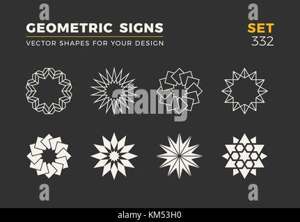Set of eight minimalistic trendy shapes. Stylish vector logo emblems for Your design. Simple universal geometric signs collection. Stock Vector