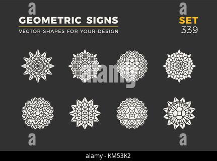 Set of eight minimalistic trendy shapes. Stylish vector logo emblems for Your design. Simple universal geometric signs collection. Stock Vector