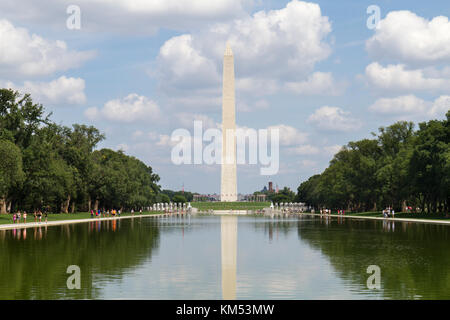 View over the reflecting pool towards the Washington Monument, National Mall, Washington DC, United States. Stock Photo