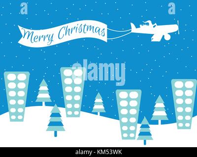 Merry Christmas. Santa Claus is flying on a plane in a snow-capped city. Winter background with falling snow. Vector illustration Stock Vector