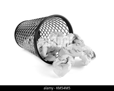 3d illustration of trash bin can dropped with crumpled paper. Isolated on white background Stock Photo