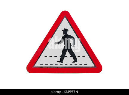Triangle road sign with schematic walking man in hat isolated on white. Pedestrian zebra crossing ahead Stock Photo