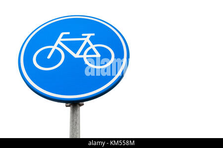 Bicycle lane marking, round blue road sign isolated on white background. Amsterdam, Netherlands Stock Photo