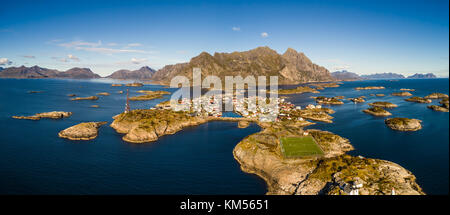 Henningsvaer fishing village on Lofoten islands from above Stock Photo