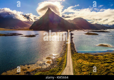 Aerial view of a scenic coastal road on Lofoten islands in Norway Stock Photo