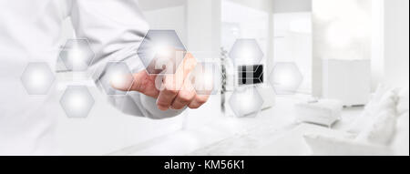smart home automation hand touch screen with empty symbols on interior room background web banner and copy space template Stock Photo