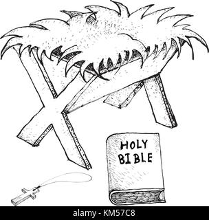 Christian Symbol, Illustration Hand Drawn Sketch of Manger with Bible and Wooden Cross Isolated on White Background, Sign for Christmas Celebration . Stock Vector