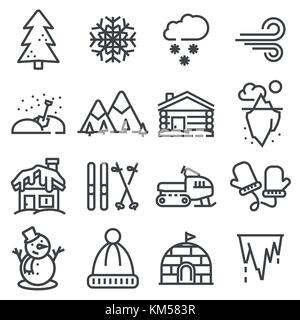 Winter icons collection - vector silhouette. Line set illustrations Stock Vector
