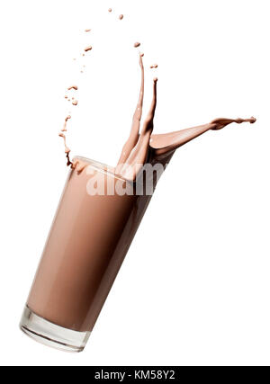 glass of chocolate milk or milkshake falling and making a splash, isolated on white background Stock Photo