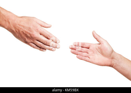 Two male hands reaching out for each other isolated on white Stock Photo