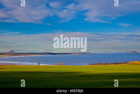 Belhaven Bay with Bass Rock and Berwick Law in background, Dunbar, East Lothian, Scotland, UK Stock Photo