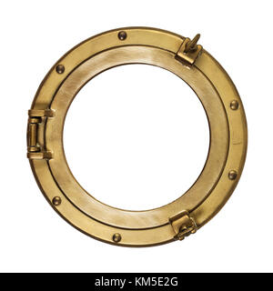 Vintage brass porthole isolated with clipping path on white background Stock Photo