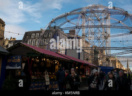 George Street, Edinburgh, Scotland, United Kingdom, 4th December 2017. Edinburgh Christmas lights and Christmas market stalls Stock Photo