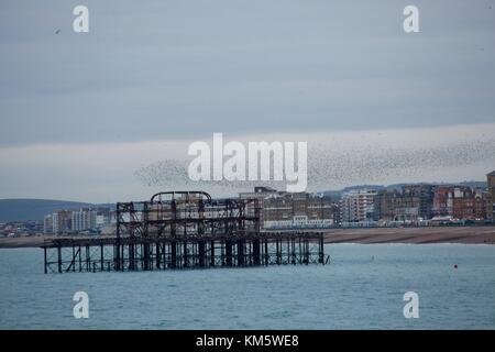 Brighton, East Sussex, England UK. 5th Dec, 2017. Starling murmurations as thousands of starlings at Brighton fly over the sea in sweeping patterns - flying over the remains of West Pier, old pier at dusk. Credit: Carolyn Jenkins/Alamy Live News Stock Photo