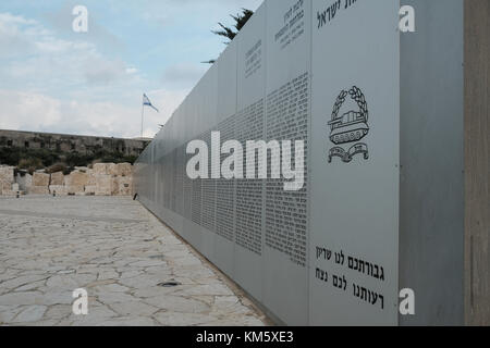 Latrun, Israel. 5th Dec, 2017. A memorial wall details the names of fallen soldiers as 13 female IDF soldiers graduate tank crew training at a ceremony at Yad LaShiryon, the Armored Corps Memorial Site at Latrun. These are the first women to serve in the Armored Corps as part of a pilot program. Having concluded tank training on Merkava Mark 3 tanks, female soldiers are destined to serve in the army's 80th Division, responsible for the southern Negev and Arava deserts, securing Israel's borders with Egypt and Jordan. Credit: Nir Alon/Alamy Live News Stock Photo