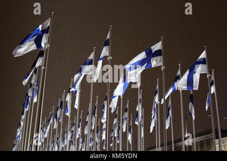 Market Square, Helsinki, Finland. 05th Dec, 2017. Hundred Finnish flags memorate Finland's 100 years of independence on 6th December. Credit: Heini Kettunen/Alamy Live News Stock Photo