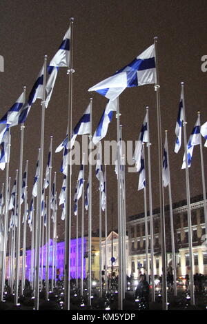 Market Square, Helsinki, Finland. 05th Dec, 2017. Hundred Finnish flags memorate Finland's 100 years of independence on 6th December. Credit: Heini Kettunen/Alamy Live News Stock Photo