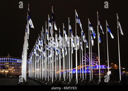 Market Square, Helsinki, Finland. 05th Dec, 2017. Hundred Finnish flags memorate Finland's 100 years of independence on 6th December. Credit: Heini Kettunen/Alamy Live News Stock Photo