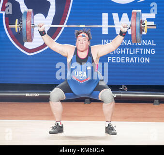 Anaheim, California, USA. 5th Dec, 2017. Sarah Robles, of the United States, competes in the Snatch Lift. Sarah Robles, of the United States took first place in both the Snatch Lift as well as the Clean and Jerk Lift to take the over all 2017 International Weightlifting Championship in the Womens Plus 90 Group A division with a final score of 284 and besting a field of 9 competitors. Credit: ZUMA Press, Inc./Alamy Live News Stock Photo