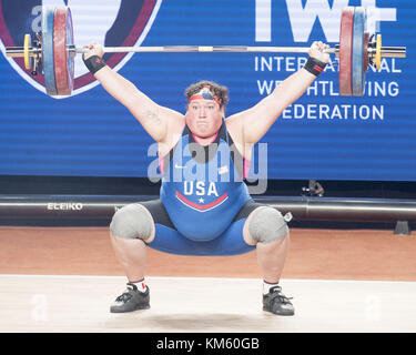 Anaheim, California, USA. 5th Dec, 2017. Sarah Robles, of the United States, competes in the Snatch Lift. Sarah Robles, of the United States took first place in both the Snatch Lift as well as the Clean and Jerk Lift to take the over all 2017 International Weightlifting Championship in the Womens Plus 90 Group A division with a final score of 284 and besting a field of 9 competitors. Credit: ZUMA Press, Inc./Alamy Live News Stock Photo