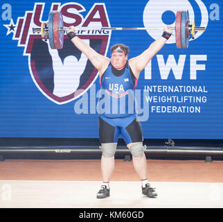 Anaheim, California, USA. 5th Dec, 2017. Sarah Robles, of the United States, competes in the Snatch with a Good Lift. Sarah Robles, of the United States took first place in both the Snatch Lift as well as the Clean and Jerk Lift to take the over all 2017 International Weightlifting Championship in the Womens Plus 90 Group A division with a final score of 284 and besting a field of 9 competitors. Credit: ZUMA Press, Inc./Alamy Live News Stock Photo