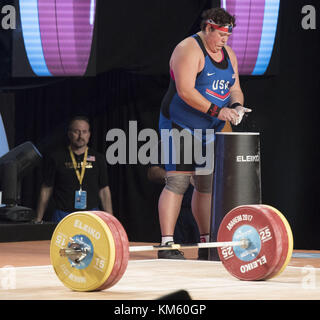 Anaheim, California, USA. 5th Dec, 2017. Sarah Robles, of the United States, prepares for her last Clean and Jerk Lift with 158 kilos on the bar. Sarah Robles, of the United States took first place in both the Snatch Lift as well as the Clean and Jerk Lift to take the over all 2017 International Weightlifting Championship in the Womens Plus 90 Group A division with a final score of 284 and besting a field of 9 competitors. Credit: ZUMA Press, Inc./Alamy Live News Stock Photo