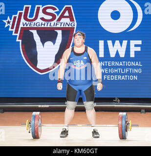 Anaheim, California, USA. 5th Dec, 2017. Sarah Robles, of the United States, competes in the Snatch Lift. Sarah Robles, of the United States took first place in both the Snatch Lift as well as the Clean and Jerk Lift to take the over all 2017 International Weightlifting Championship in the Womens Plus 90 Group A division with a final score of 284 and besting a field of 9 competitors. Credit: ZUMA Press, Inc./Alamy Live News Stock Photo