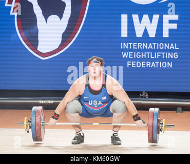 Anaheim, California, USA. 5th Dec, 2017. Sarah Robles, of the United States, competes in the Snatch Lift. Sarah Robles, of the United States took first place in both the Snatch Lift as well as the Clean and Jerk Lift to take the over all 2017 International Weightlifting Championship in the Womens Plus 90 Group A division with a final score of 284 and besting a field of 9 competitors. Credit: ZUMA Press, Inc./Alamy Live News Stock Photo